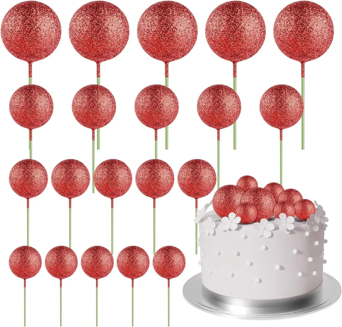20-Piece Mini Balloon Cake Topper Decorations with Gold Ball Picks - Festive Cake Decor for Celebrations - Glitter Red
