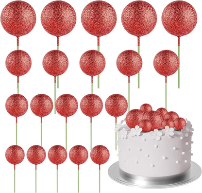 20-Piece Mini Balloon Cake Topper Decorations with Gold Ball Picks - Festive Cake Decor for Celebrations - Glitter Red