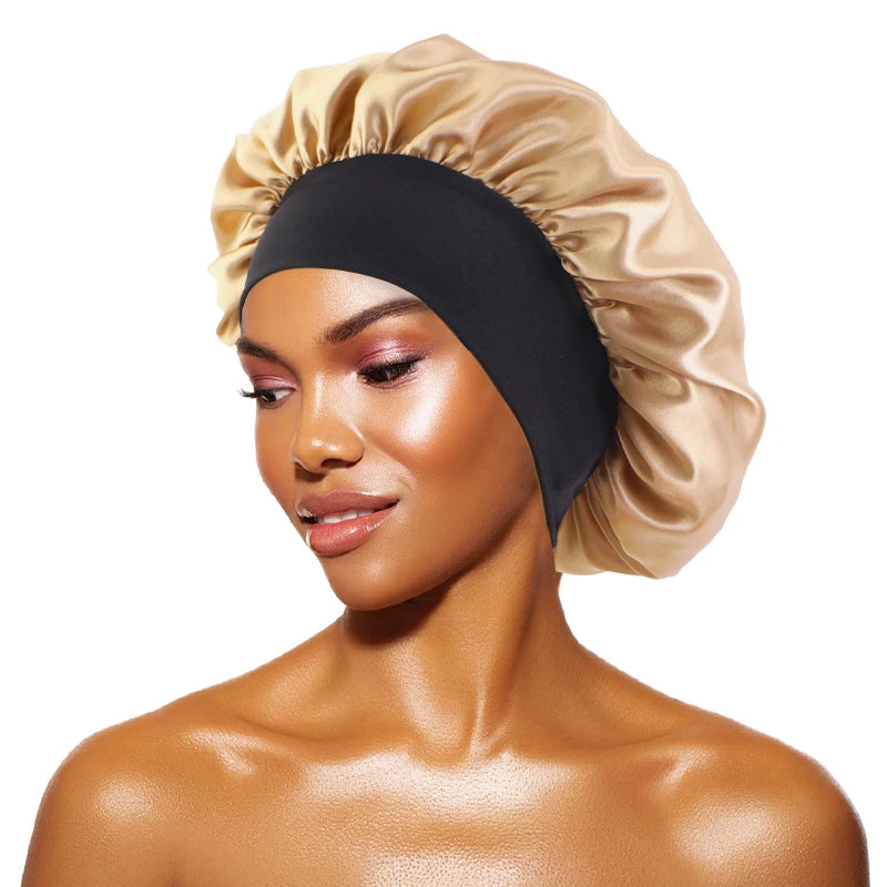 Women's Satin Solid Bonnets Wide-brimmed Night Sleeping Bathing Hat Unisex Head Wrap Elastic Band Cap Hair Care Bonnet - Gold