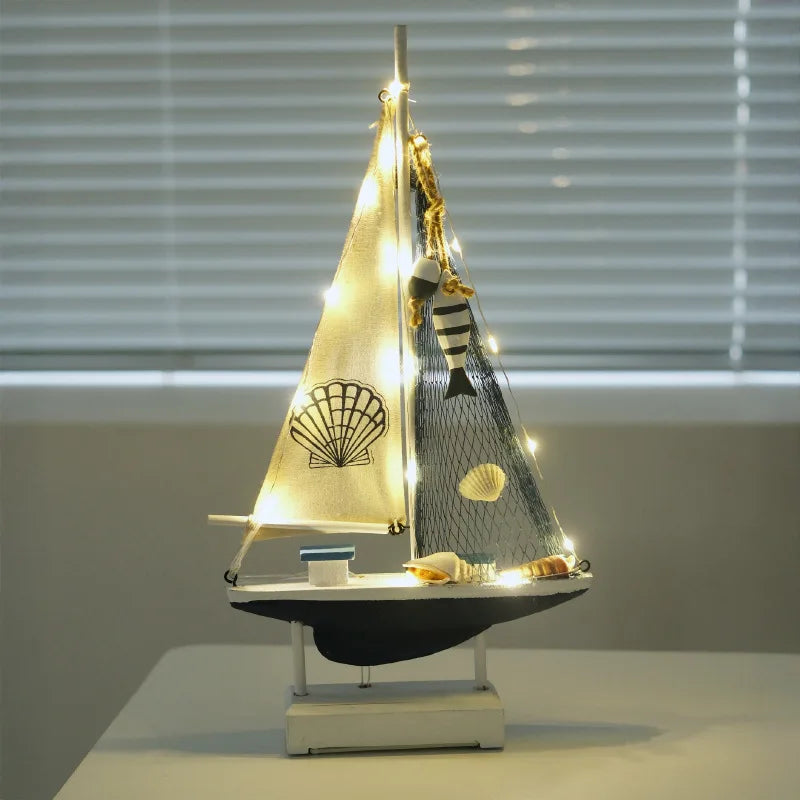 Retro Mediterranean Style Wooden LED Sailing Boat Model Creative Ocean Style Desktop Ornament Crafts Small Boat Home Decor Gi