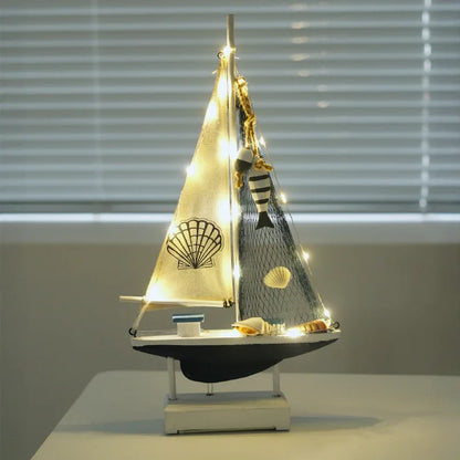 Retro Mediterranean Style Wooden LED Sailing Boat Model Creative Ocean Style Desktop Ornament Crafts Small Boat Home Decor Gi