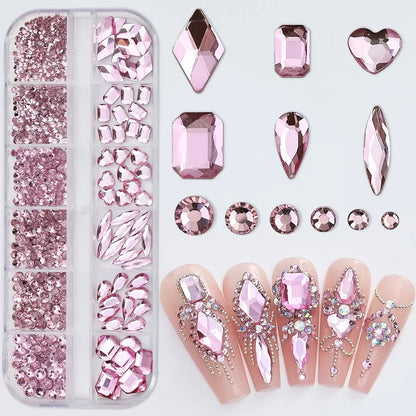 2400pcs+ Shiny Clear Crystal Gems Nail Rhinestones 1.5-4mm Mixed Round Glass Stone Flatback Nail Charms 12grids Nail Diamond 