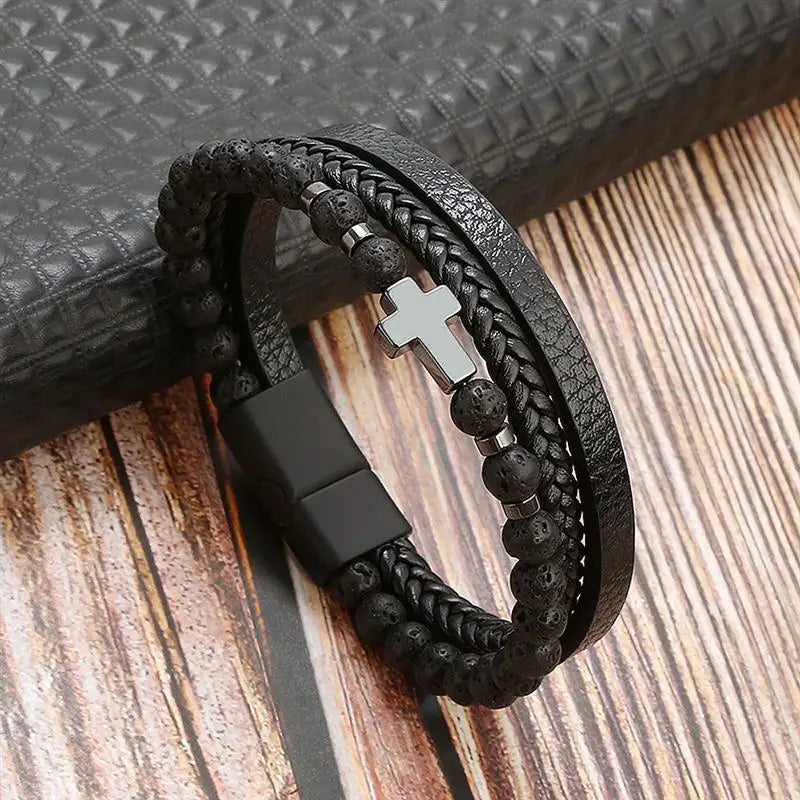 Classic Men's Leather Bracelet New Style Hand-woven Multi-layer Combination Accessory Fashion Man Jewelry - H3 / 23cm