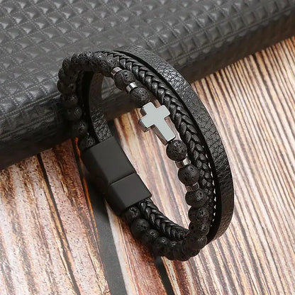 Classic Men's Leather Bracelet New Style Hand-woven Multi-layer Combination Accessory Fashion Man Jewelry - H3 / 23cm