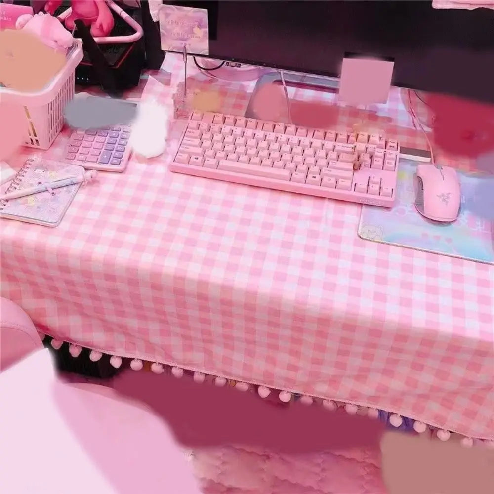 Cute Kawaii Girls Hot Pink Tablecloth Rectangular Cotton Wallpaper Mat Plaid Desk Cloth Room Decoration