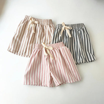 Children's Clothing Vintage Linen Cotton Stripe Pants Baby Boy Girl Casual Shorts Spring Summer Girls Loose Trousers and Shor