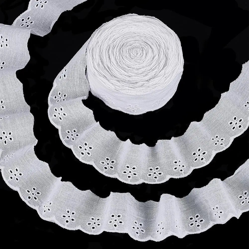 15 Yards Cotton Lace Trim 1-5/8 inch White Cotton Eyelet Lace Ribbon Floral Embroidery Ruffle Lace Trim Wavy Edge Floral Cott