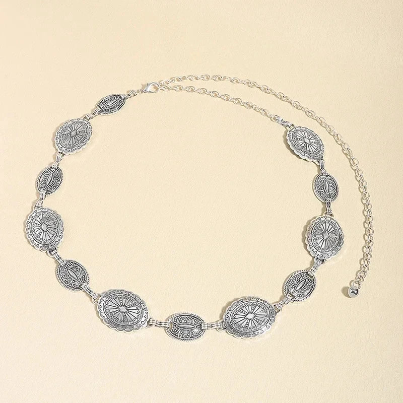 Retro Metal Waist Chain for Women Carved Round Decorative Belt Fashion Waist Jewelry Dress Accessories