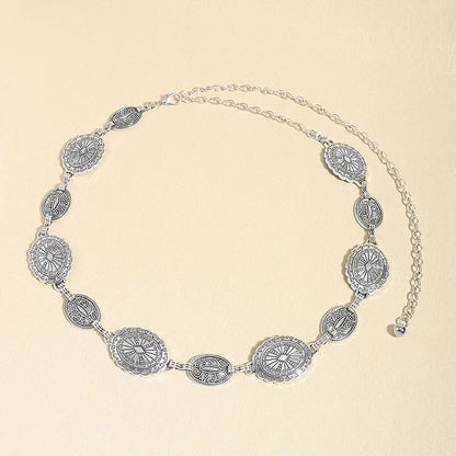 Retro Metal Waist Chain for Women Carved Round Decorative Belt Fashion Waist Jewelry Dress Accessories