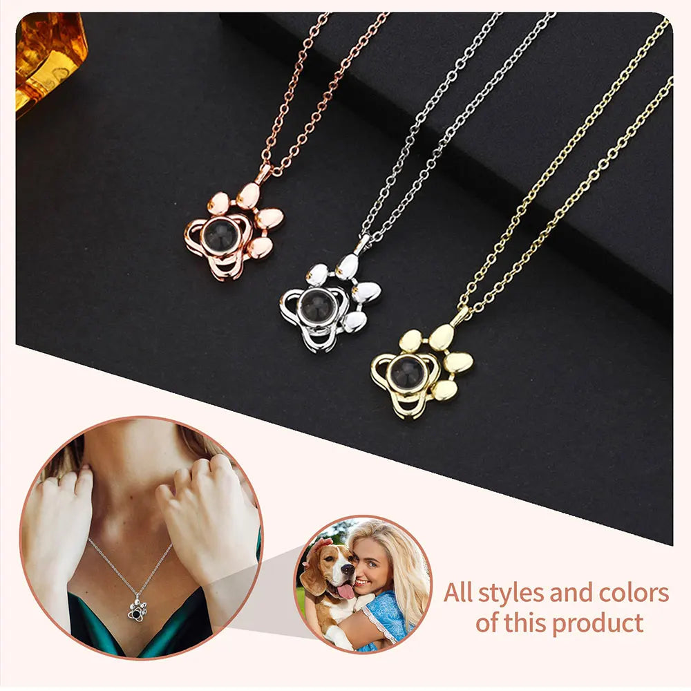 Custom Photo Projection Necklace with Photo Inside Cat Dog Paw Pendant Projection Photo Necklace with Photo Projection