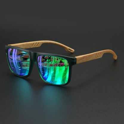 New Fashion Square Sunglasses - Wood Grain Spring Hinge, UV400 Unisex for Driving, Hiking & Travel - C5-green