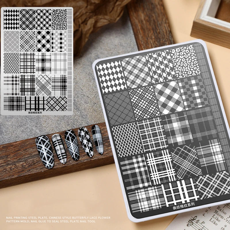 Elegant Grid Nail Stamping Plates 10*15cm Plus Size Plaid Line Stripe Butterfly Flower Design Nail Art Plates DIY Printing To