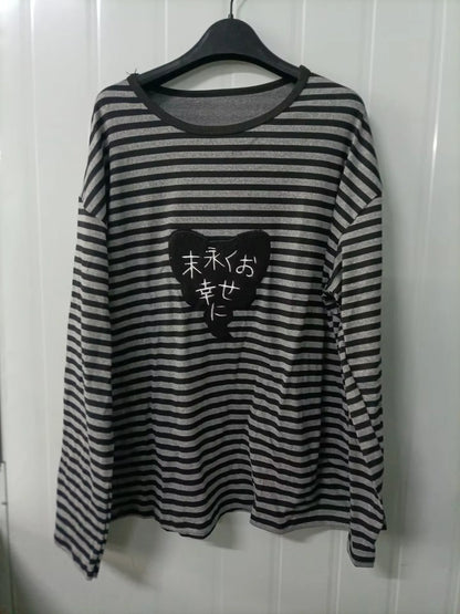 American Punk Vintage O Neck Long Sleeve Shirts All-Match Striped Design Harajuku Embroidery Tops Y2k Aesthetic High Street T