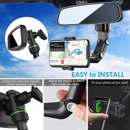 Rearview Mirror Phone Holder 360° Rotatable and Retractable Car Phone Mount Multifunctional Rear View Mirror Holder for All C