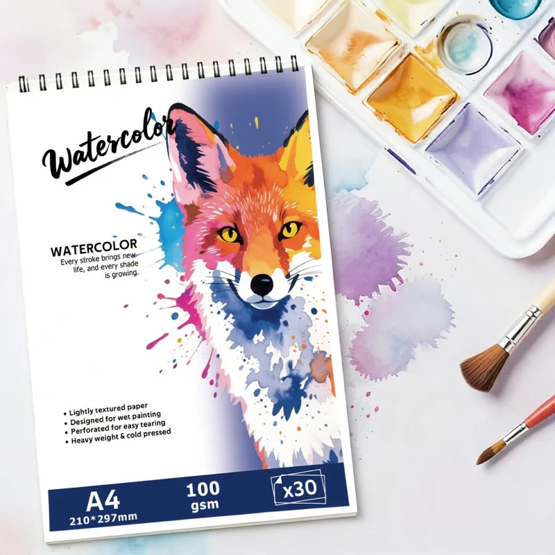A4 /A5Spiral-Bound Watercolor Pad, 30 Pages, 100gsm Rough Paper, Wolf-Patterned Cover, Acid-Free for Artists & Hobbyists