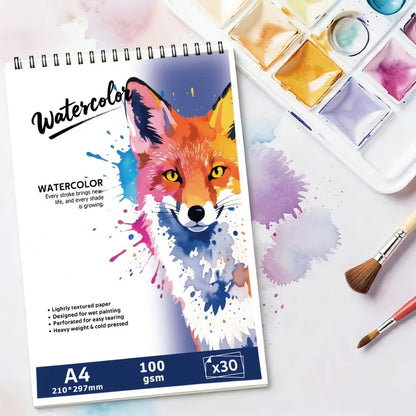 A4 /A5Spiral-Bound Watercolor Pad, 30 Pages, 100gsm Rough Paper, Wolf-Patterned Cover, Acid-Free for Artists & Hobbyists