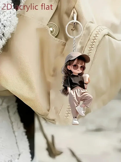 1 Cute Acrylic Girl Keychain, 2D Flat, Holiday Gift, Backpack Accessories, Key Decoration, Car Decoration, Keychain, Pendant 
