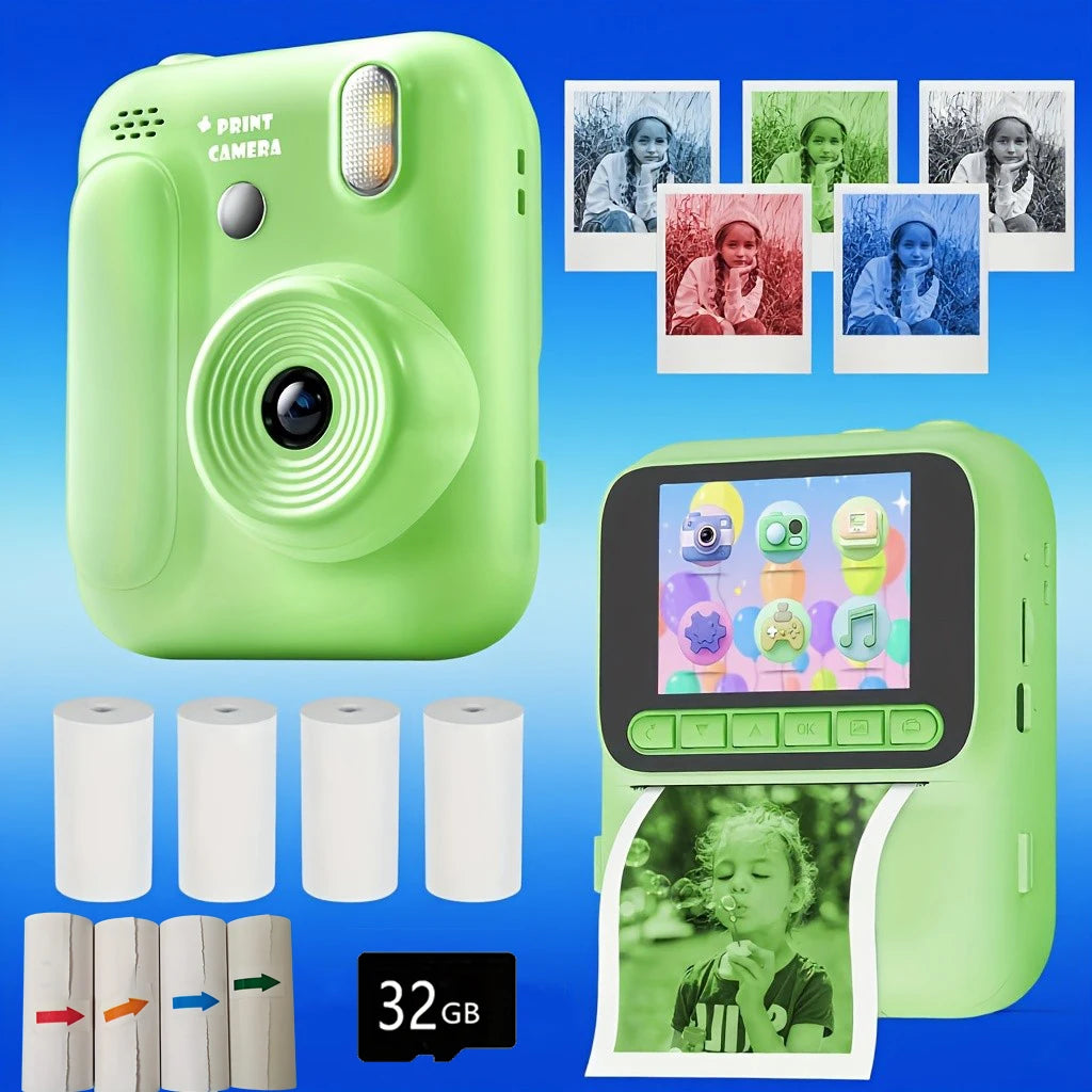 Color Printing Camera Kids Instant Camera 32GB 1080P Thermal Print Digital Camera Print Photo Video Games Music Children Gift