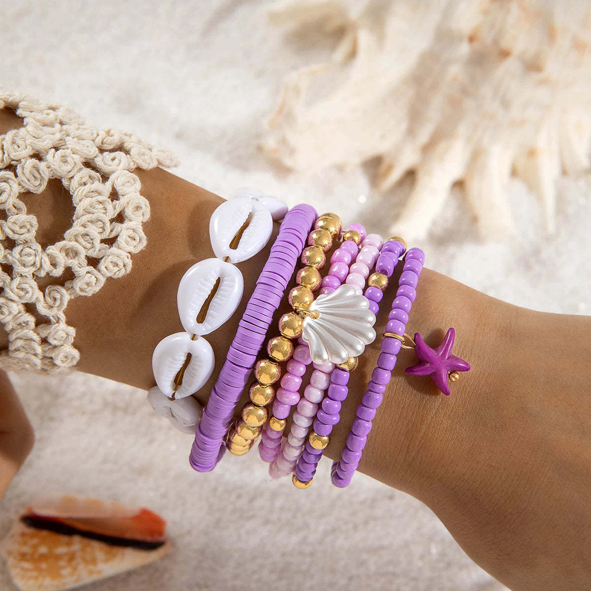 Tocona Bohemian Resort Style Shell Beaded Weaving Bracelet Beach Style Starfish Rice Beads Seven Piece Set for Women 25134