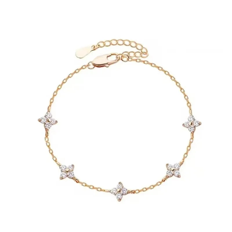 Crystal Four Leaf Flower Bracelet for Women Clasic Trendy Gold Color Stainless Steel Zircon Bangle Jewelry Gift