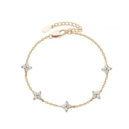 Crystal Four Leaf Flower Bracelet for Women Clasic Trendy Gold Color Stainless Steel Zircon Bangle Jewelry Gift