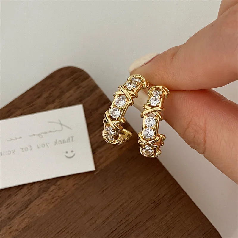 Vintage CC Design Stud Earrings for Women Korean Fashion X Cross Zircon Earring Engagement Jewelry Gifts