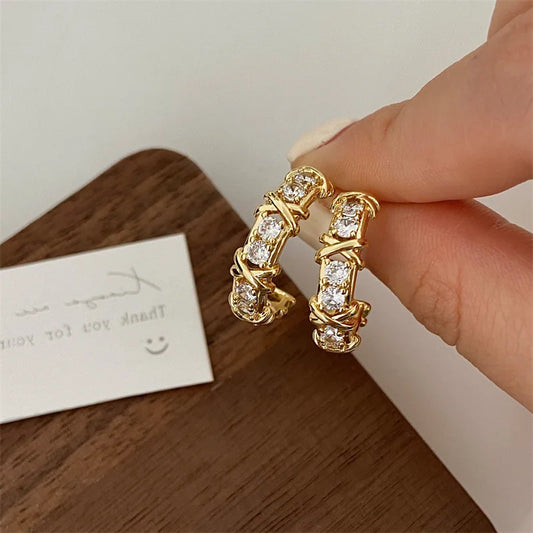 Vintage CC Design Stud Earrings for Women Korean Fashion X Cross Zircon Earring Engagement Jewelry Gifts