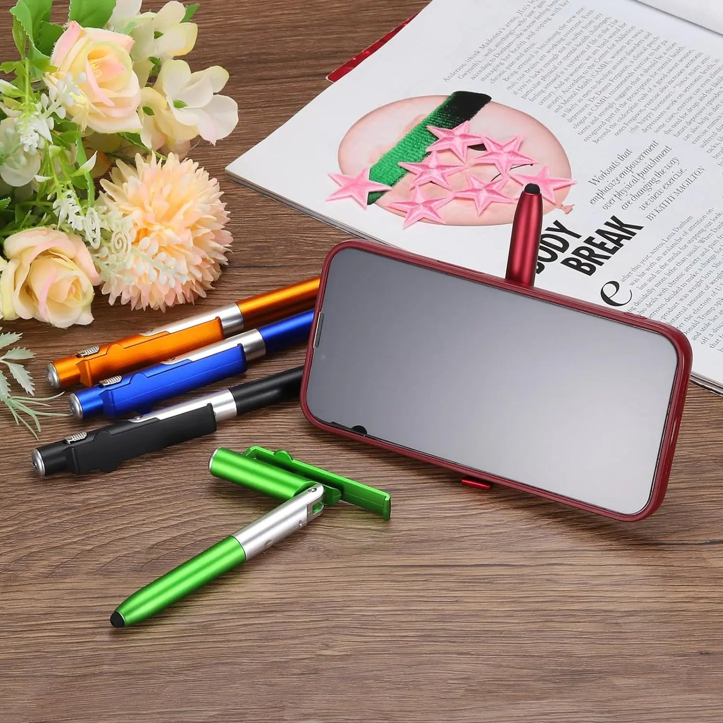 4 In 1 Multifunction Ballpoint Pen with LED Light Fold Phone Holder Night Read Writing Pencil Office School Student Stationer