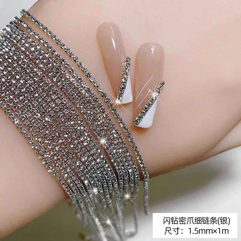 100/50cm Long Luxury Crystal Chain Nail Charms 1.5/2mm Shinying Clear/AB Diamond Nail Art Metal Steel French Manicure Crystal