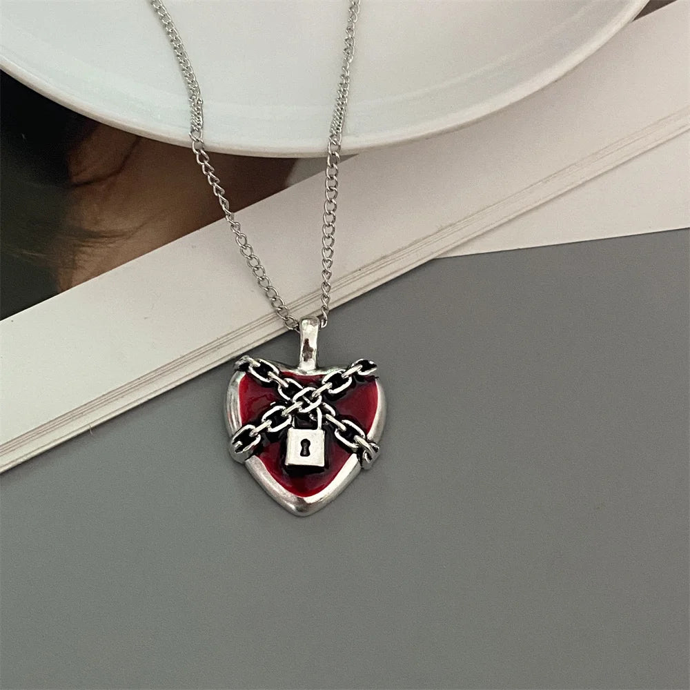 Punk Rock Red Black Heart Pendant Chain Necklace For Men Women Cool Hip Hop Street Vintage Goth Accessories Trendy Jewelry