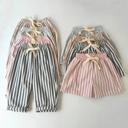 Children's Clothing Vintage Linen Cotton Stripe Pants Baby Boy Girl Casual Shorts Spring Summer Girls Loose Trousers and Shor