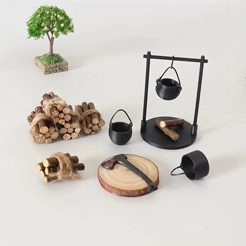 Mini Campfire Hanging Stove Pot Dollhouse Camping Picnic Firewood Pile Sand Table Micro Landscape Scene Decoration Ornament T