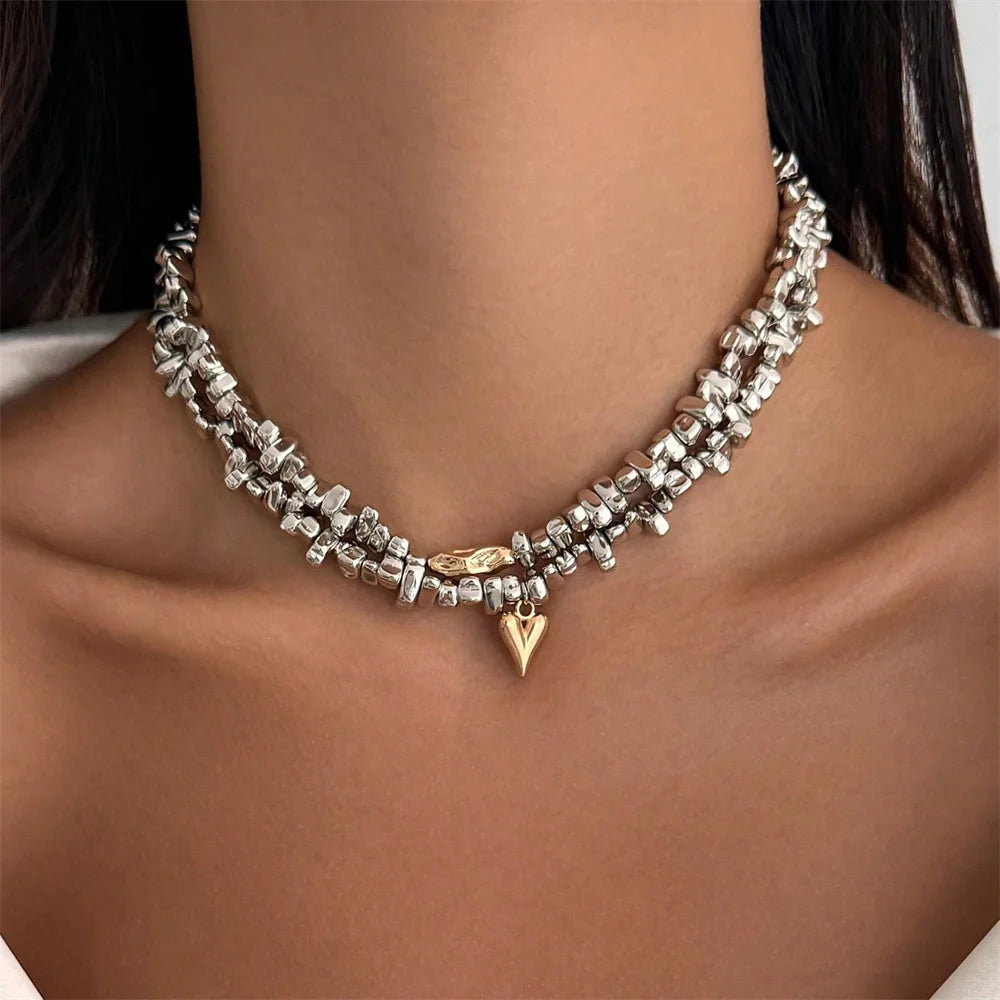 Fashion Vintage Silver Color Geometric Bead Chain Necklace For Women Female Boho Tassel Heart Pendant Jewelry - NES-25919-5