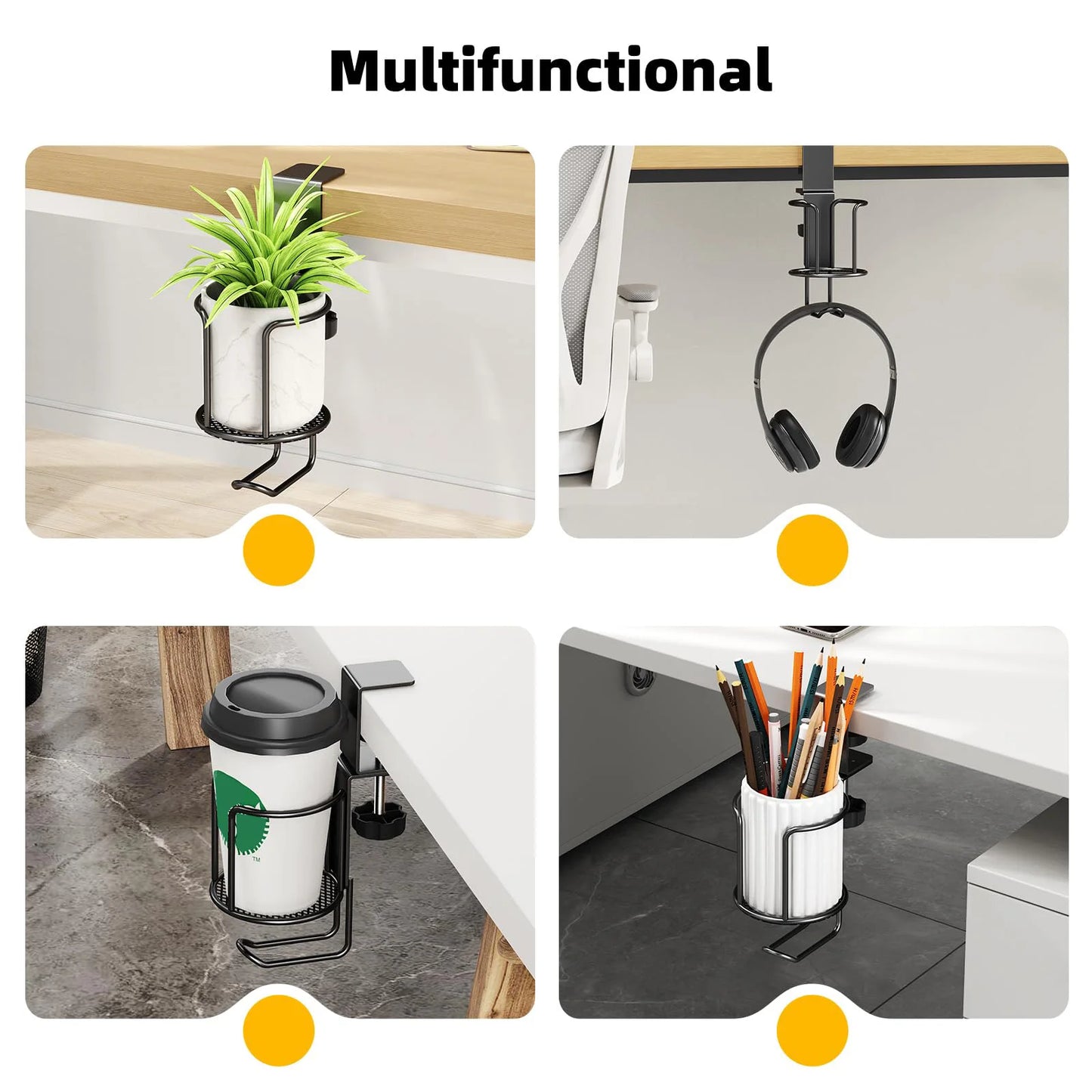 2 in 1 No Drill Desk Cup Holder Adjustable Upgraded Arm Clamp Stand 360 Degree Rotating Table Edge Clamp Anti-Fall Cup Holder