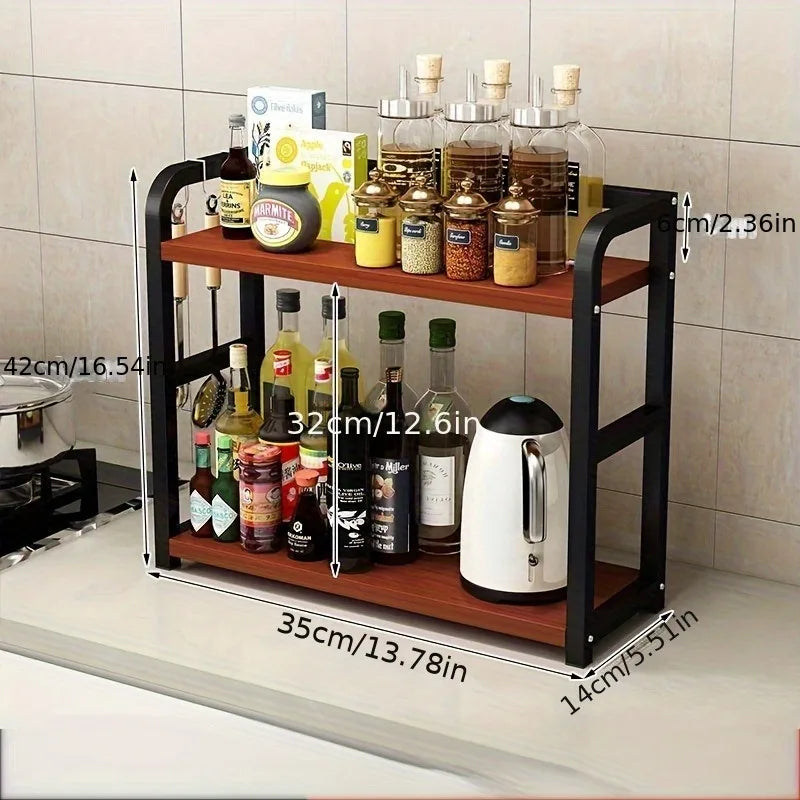 1pc 2-Tier Metal Countertop Shelf - Space Saving Organizer for Coffee, Mugs & Condiments, Rustproof Kitchen Rack - Teak Color