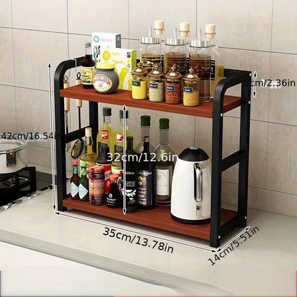 1pc 2-Tier Metal Countertop Shelf - Space Saving Organizer for Coffee, Mugs & Condiments, Rustproof Kitchen Rack - Teak Color