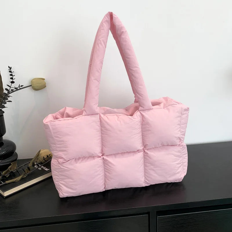 Women Tote Handbags Quilted Plaid Bag Retro Trendy Checkered Waterproof Shoulder Bag Solid Color Winter Soft Large Capacity B