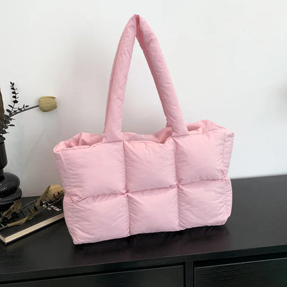 Women Tote Handbags Quilted Plaid Bag Retro Trendy Checkered Waterproof Shoulder Bag Solid Color Winter Soft Large Capacity B