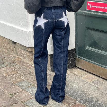 Women's Y2K Vintage Jeans Aesthetic Star Pattern Print Loose Straight Leg Denim Long Pants Casual Low Waist Trousers