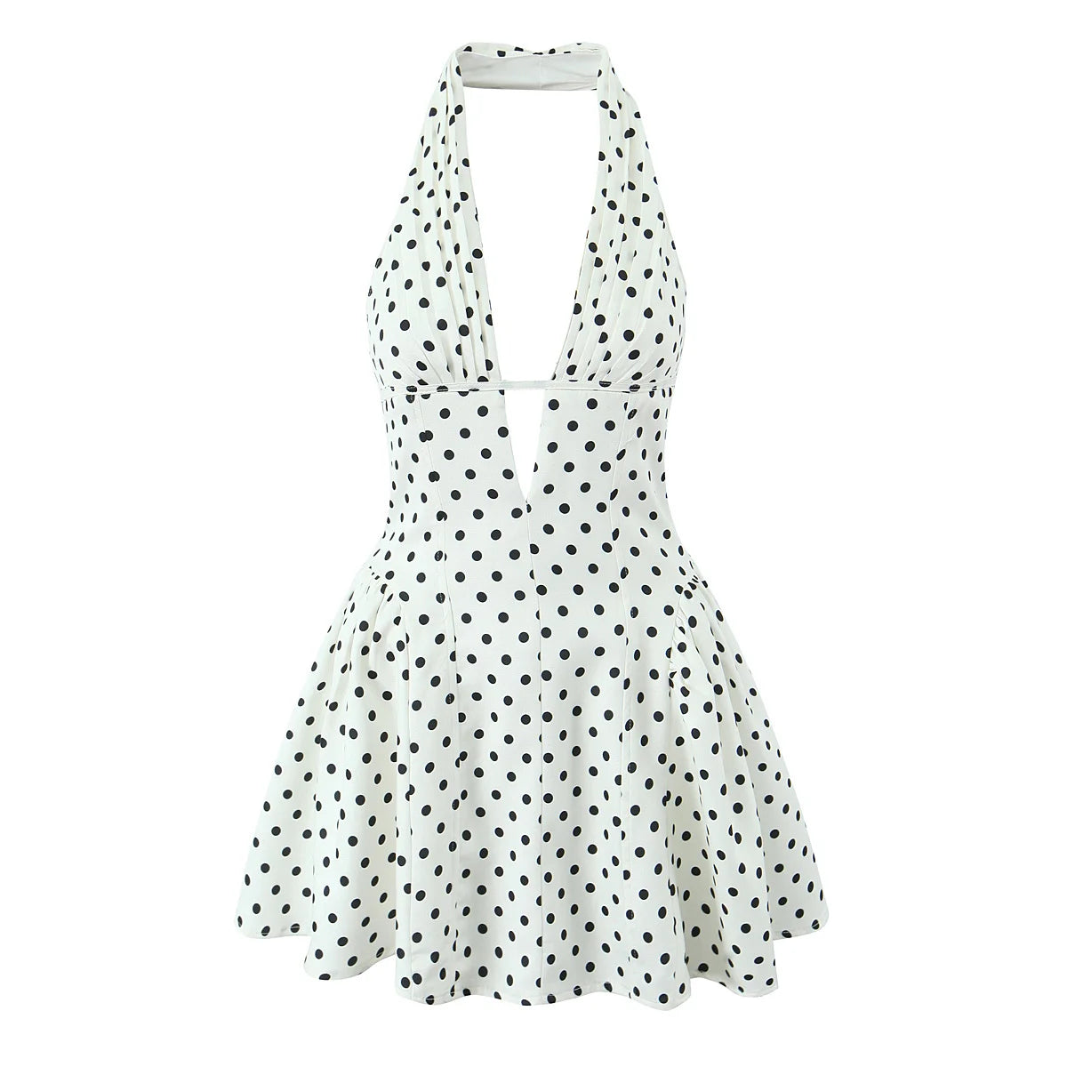 YENKYE French Style Retro Polka Dot Deep V Halter Dress Women Sexy Backless A-line Slim Sweet Elegant Mini Dresses Summer Rob