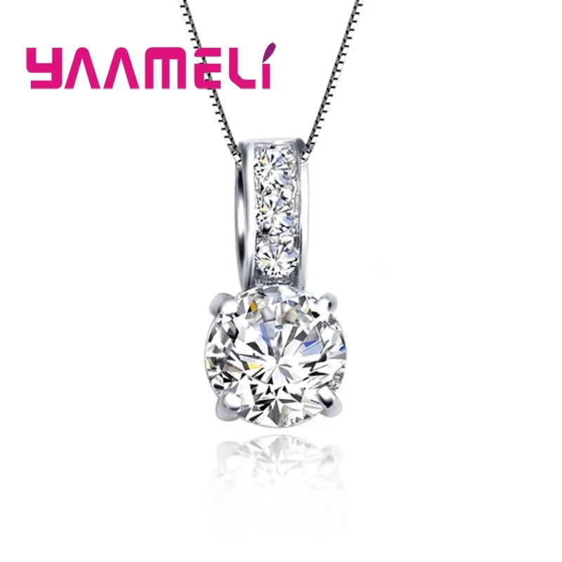 925 Sterling Silver Color Bridal Jewelry Set Classic Cubic Zircon Crystal Pendant Necklace Stud Earrings for Women Girls Gift