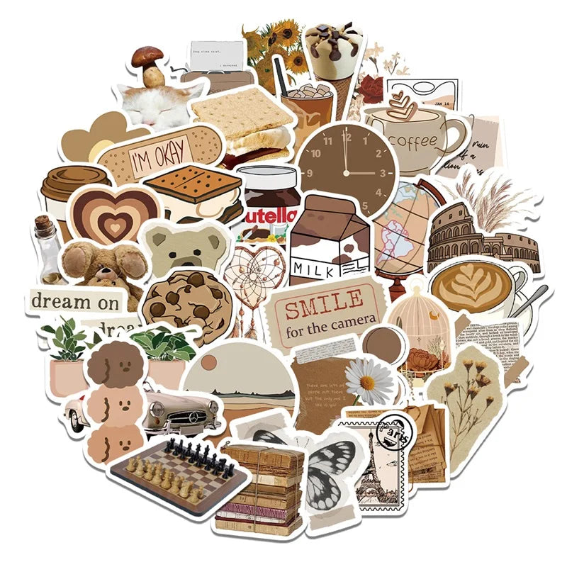 10/30/60PCS Vintage Brown Sticker Aesthetic PVC Laptop Sketchbook Stationery Decoraction Scrapbooking School Supplies