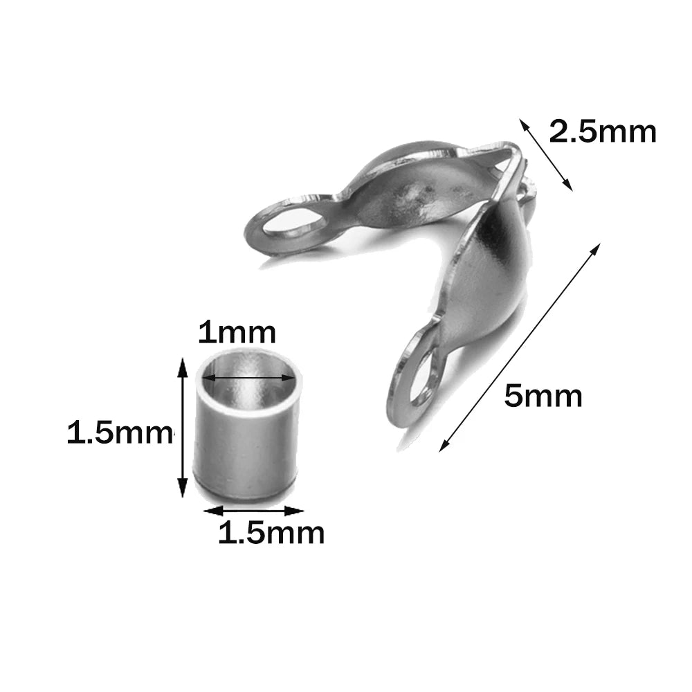 50pcs Stainless Steel Crimp Bead Tips Knot Covers Clamshell Fold-Over Bead Tips with 50pcs End Caps for Jewelry Making Craft 