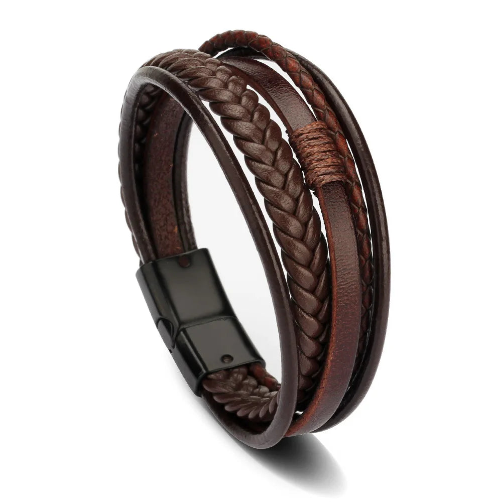 Trendy Leather Bracelets For Men Stainless Steel Bracelet 21CM Multilayer Braided Rope Bracelets for Male Jewelry Gifts - 6