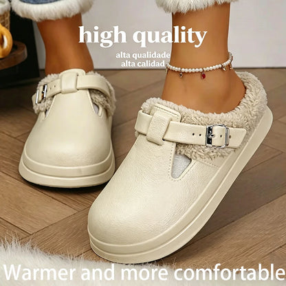 Waterproof Eva Furry Mules Slippers Women 2025 Winter Metal Buckle Warm Plush Slippers Soft Thick Bottom Non Slip Indoor Slid