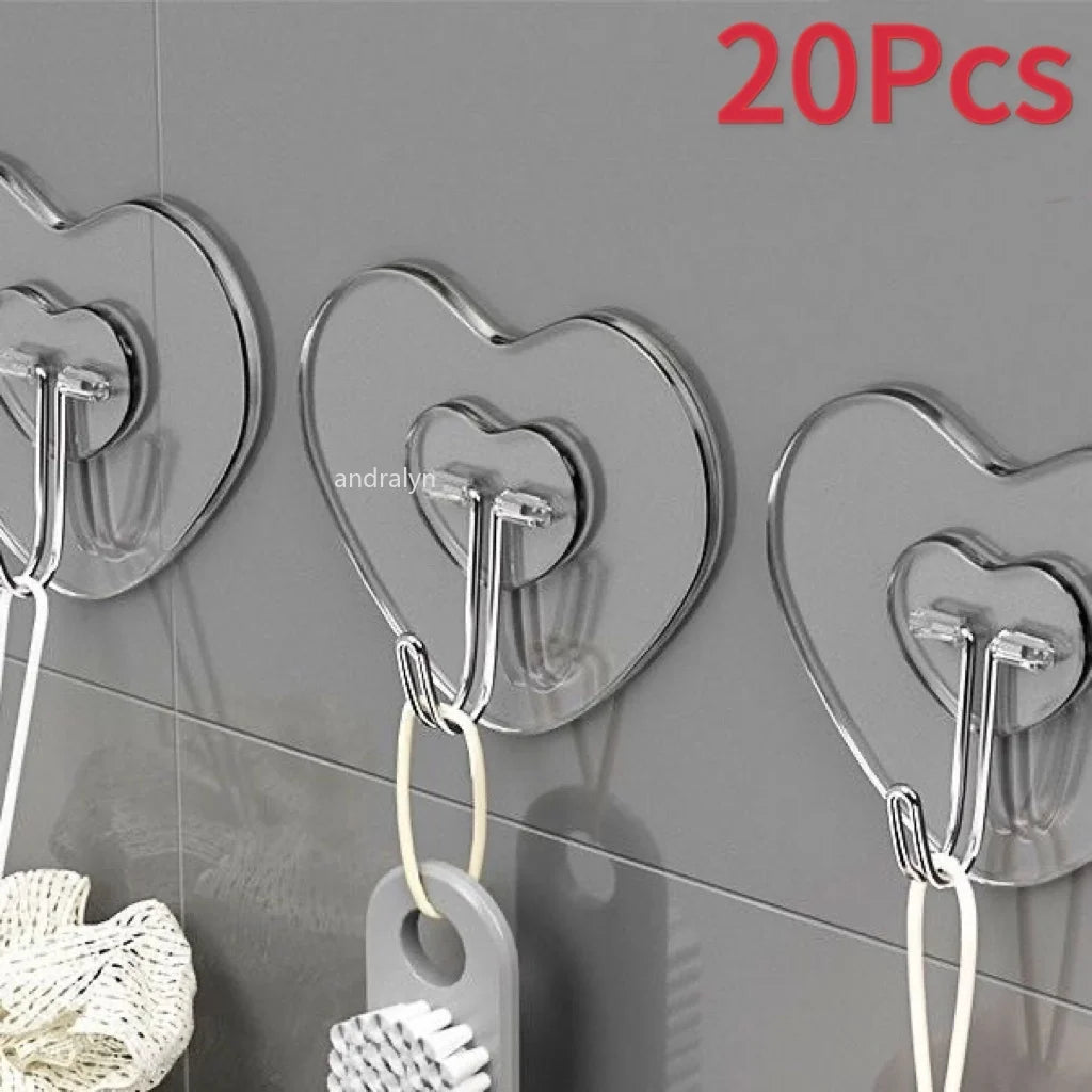 Heart Shape Transparent Hooks Non Punching Plastic Love Hangers Holder Self Adhesive Key Towel Multi-Purpose Hooks Storage Ra