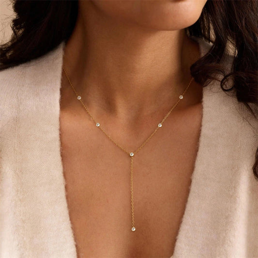 14K Gold Plated Lariat Necklace for Women CZ Star Clover Teardrop Y Shaped Drop Pendant Necklaces Elegant Party Wedding Jewel