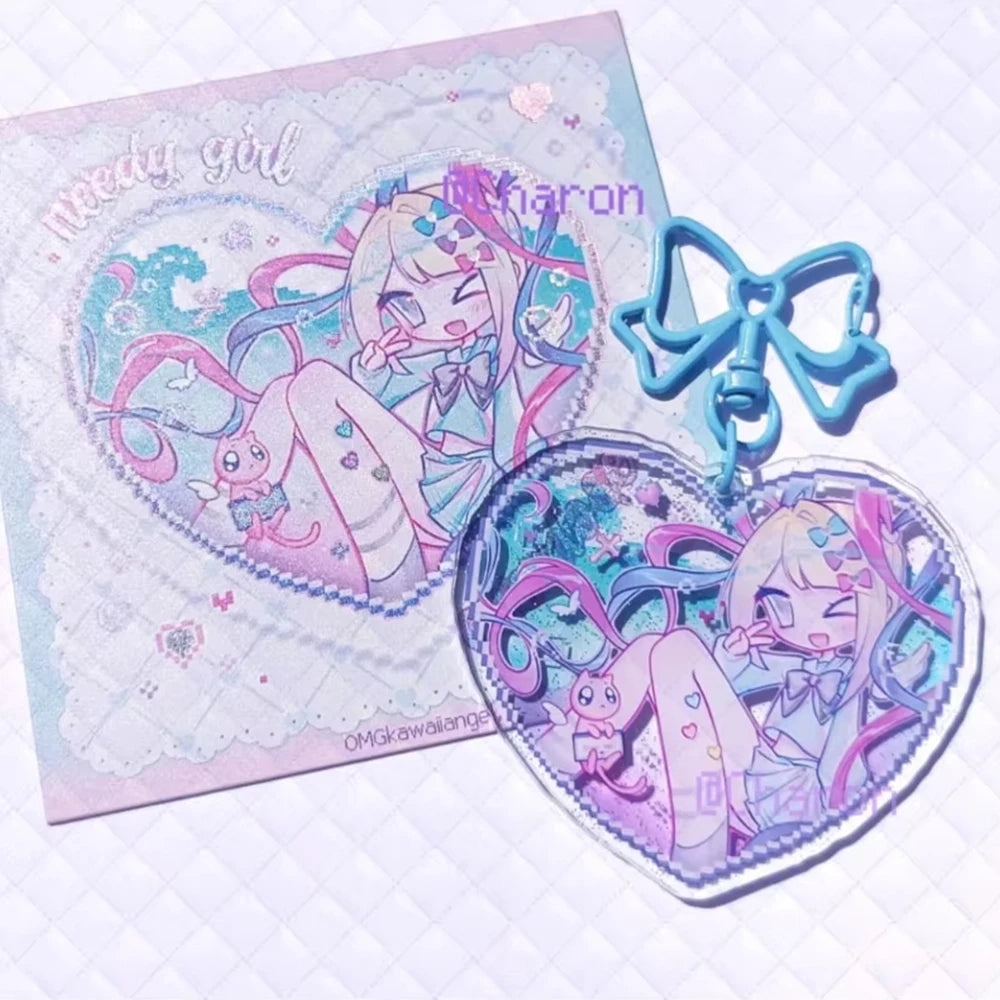 Game NEEDY GIRL OVERDOSE Rain Ame KAnge Cosplay Keychain Acrylic Key Chain Cartoon Figure Heart Pendant Keyring Bag Accessori