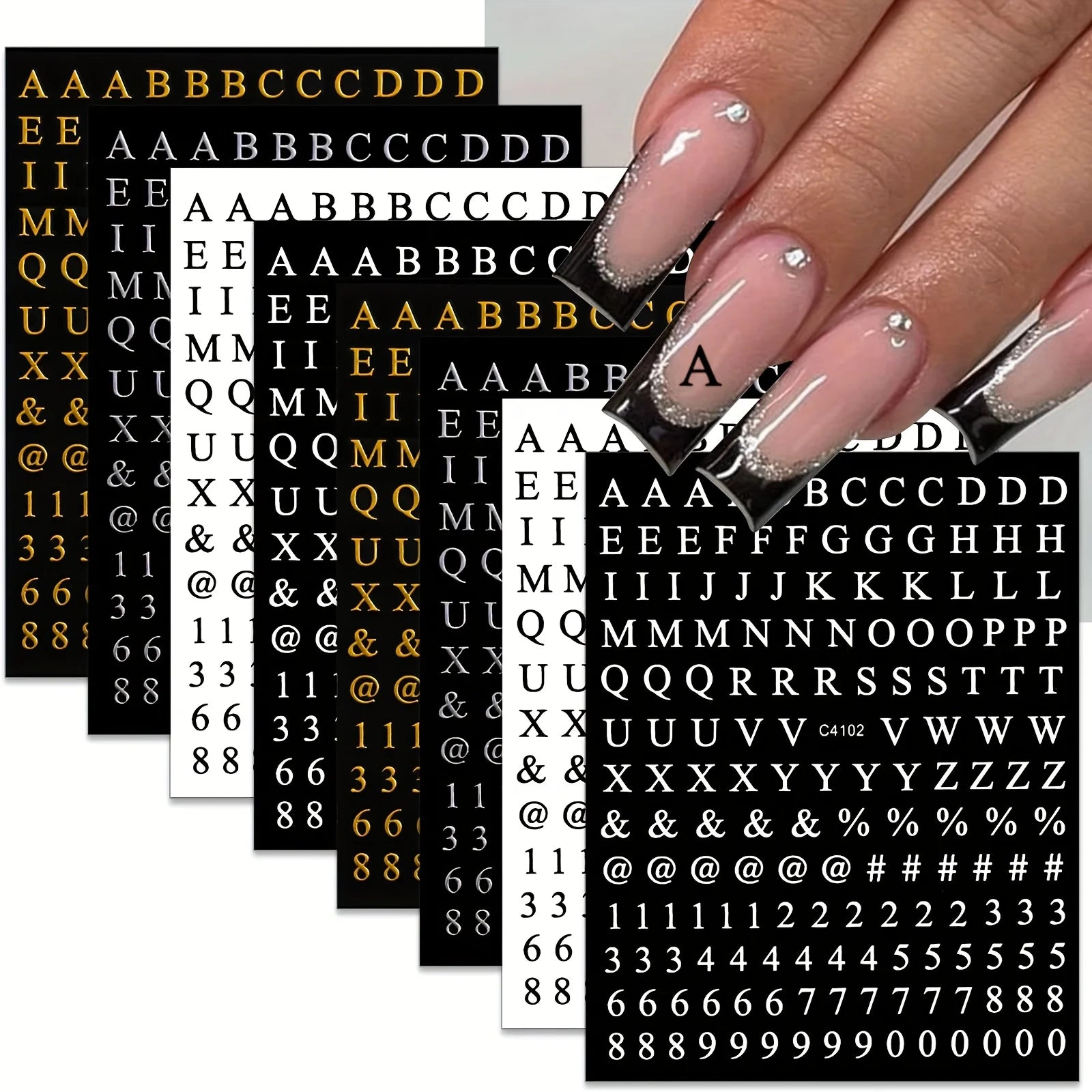 8 Sheets Letters Nail Art Stickers Number Nail Decals Self-Adhesive Luxury Gold Silver English Alphabet Nail Sticker Black Wh