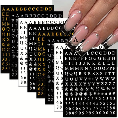 8 Sheets Letters Nail Art Stickers Number Nail Decals Self-Adhesive Luxury Gold Silver English Alphabet Nail Sticker Black Wh